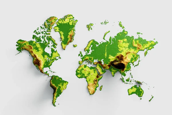 Världskarta Skuggad Relief Hypsometrisk Karta Isolerad Vit Bakgrund Illustration — Stockfoto