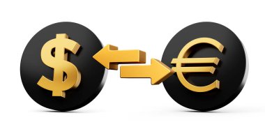 3d Altın Dolar ve Euro Sembolü Para Takas Oklarıyla Yuvarlak Siyah Simgeler, 3d illüstrasyon