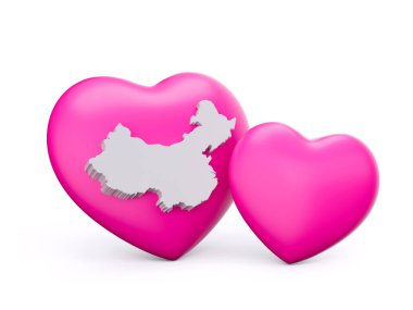 3d Parlak Pembe Kalpler. Çin 'in 3 boyutlu beyaz haritası. Beyaz arkaplanda izole edilmiş.