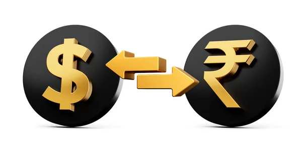 stock image 3d Golden Dollar And Rupee Symbol On Rounded Black Icons With Money Exchange Arrows, 3d illustration