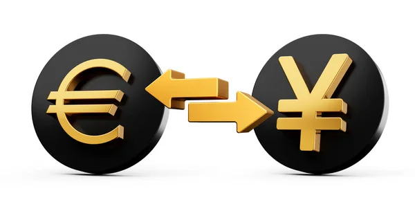 お金の交換矢印と丸みを帯びた黒のアイコンに3Dゴールデンユーロと円のシンボル 3Dイラスト — ストック写真