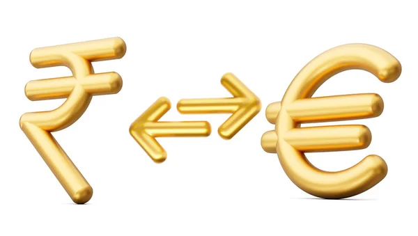 3D白色背景下带有货币交换箭头的金卢比和欧元符号图标 — 图库照片