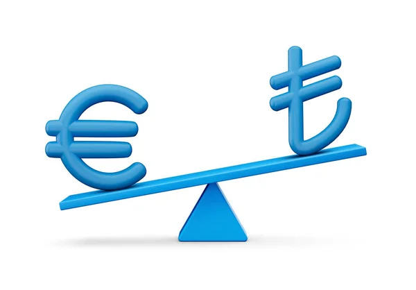 Blauwe Euro Lira Symbool Pictogrammen Met Blauwe Balans Gewicht Seesaw — Stockfoto