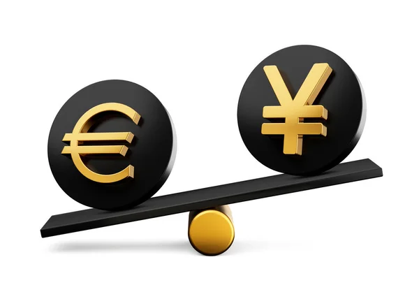 Altın Euro Yen Sembolü Yuvarlak Siyah Simgeler Üzerinde Denge Ağırlığı — Stok fotoğraf