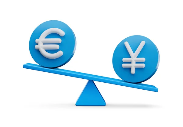 White Euro Yen Symbol Rounded Blue Icons Balance Weight Seesaw — 스톡 사진