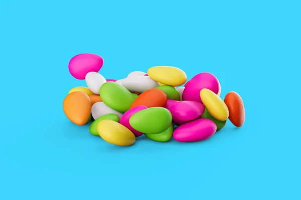 3D色彩斑斓的杏仁糖包裹的杏仁糖蓝色背景 3D插图 — 图库照片