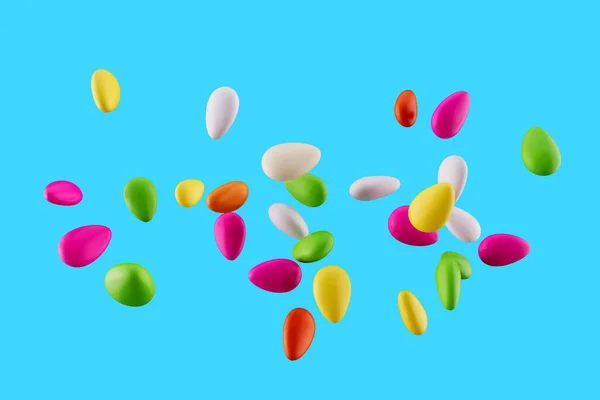 Colorful Almond Candies Sugar Coated Almond Candies Falling Blue Background — 스톡 사진