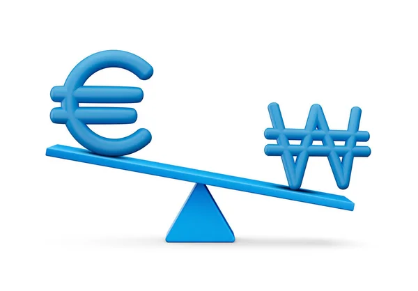 Blue Euro Won Symbool Pictogrammen Met Blue Balance Weight Seesaw — Stockfoto