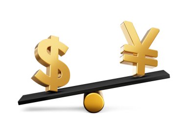 3d Altın Dolar ve Yen Sembol Simgeleri 3d Siyah Denge Ağırlığı Tahterevallisi, 3d illüstrasyon