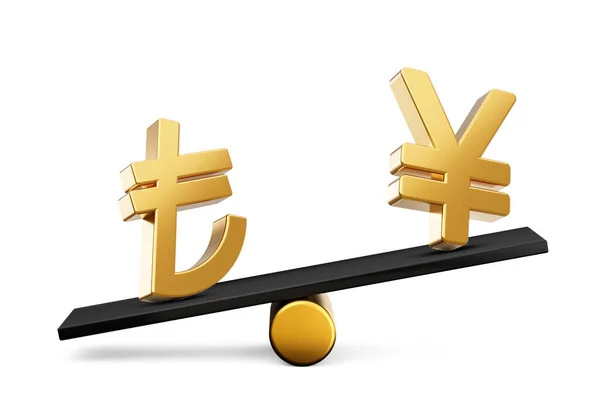 Ícones Dourados Lira Símbolo Iene Com Equilíbrio Preto Peso Seesaw — Fotografia de Stock