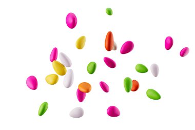 3D Renkli Badem Şekerleri Şeker Kaplamalı Badem Şekerleri Beyaz Arkaplanda Düşerken 3D Görüntü