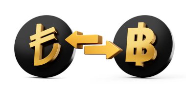 3d Altın Lira ve Baht Sembolü Para Takas Oklarıyla Yuvarlak Siyah Simgeler, 3d illüstrasyon