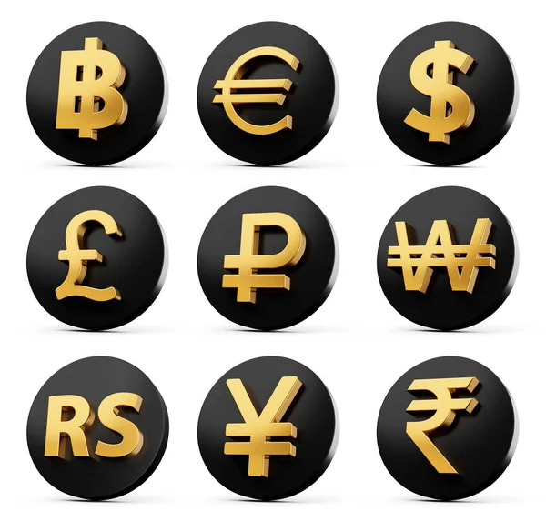 Conjunto Nueve Iconos Negros Redondeados Con Símbolos Moneda Dorada Sobre —  Fotos de Stock