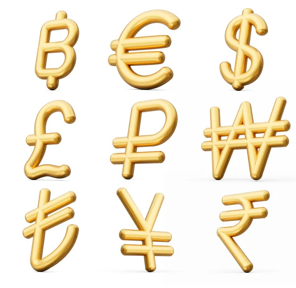 Conjunto Nueve Iconos Símbolo Moneda Brillante Dorado Aislados Sobre Fondo —  Fotos de Stock