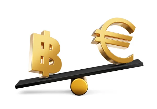 Golden Baht Euro Symbool Pictogrammen Met Black Balance Weight Seesaw — Stockfoto