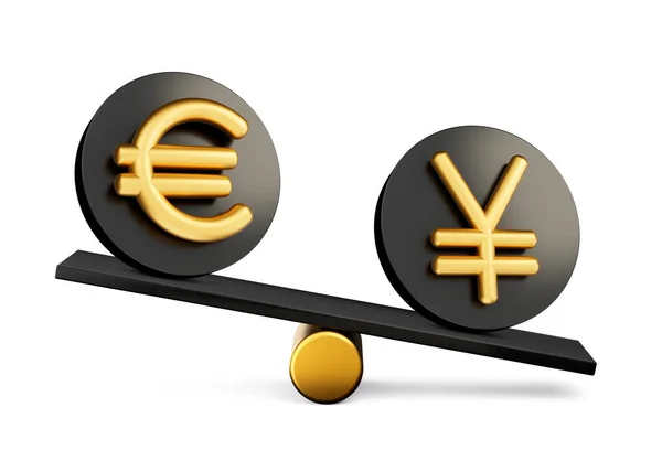 Golden Euro Yen Symbol Rounded Black Icons Balance Weight Seesaw — Stock Photo, Image