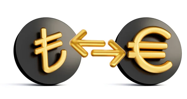 お金の交換矢印と丸みを帯びた黒のアイコンに3Dゴールデンリラとユーロシンボル 3Dイラスト — ストック写真