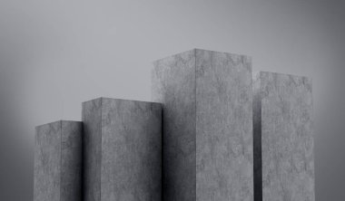 3D Dört Gri Boş Beton Podyumu Gri Arkaplanda İzole Edildi, 3 boyutlu illüstrasyon