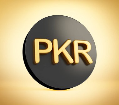 3d Altın Pakistanlı Rupi PKR Sembolü Altın Arkaplanda Yuvarlak Siyah Simge, 3d illüstrasyon