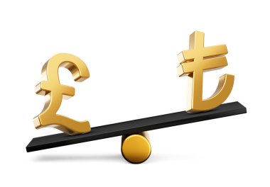 3d Altın Pound ve Lira Sembol Simgeleri 3d Siyah Denge Ağırlığı Tahterevallisi, 3d illüstrasyon
