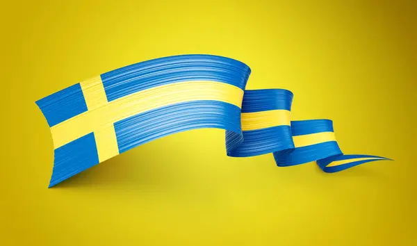 Flag Sweden Shiny Waving Flag Ribbon Isolated Yellow Background Illustration — Stock Photo, Image