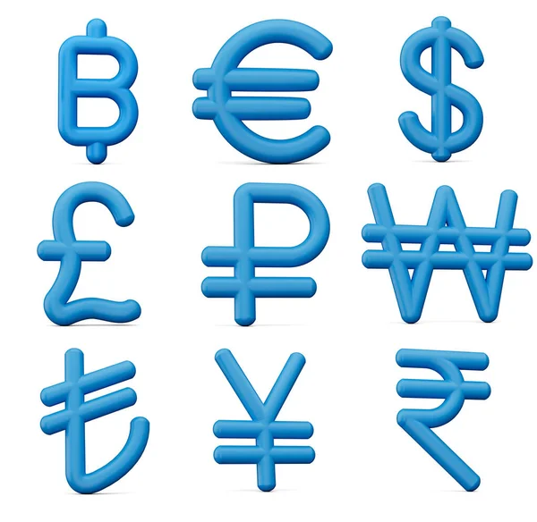 Conjunto Nueve Iconos Símbolo Moneda Azul Aislados Sobre Fondo Blanco —  Fotos de Stock