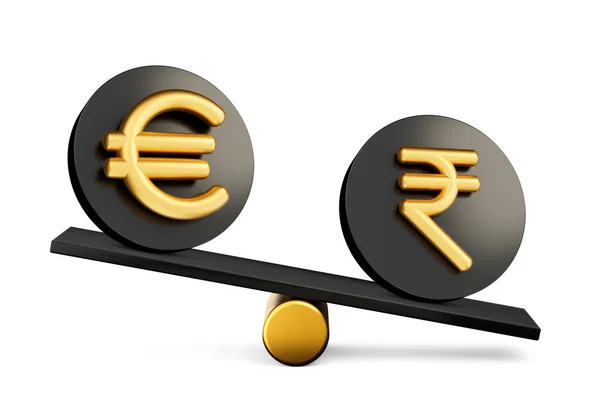 Altın Euro Rupi Sembolü Yuvarlak Siyah Simgeler Üzerinde Denge Ağırlığı — Stok fotoğraf
