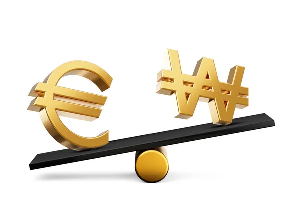 Golden Euro Won Symbool Pictogrammen Met Black Balance Weight Seesaw — Stockfoto