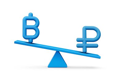 3d Mavi Baht ve Ruble Sembol Simgeleri 3d Mavi Denge Ağırlığı Tahterevallisi, 3d illüstrasyon