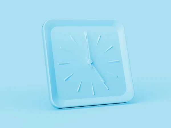 3D简朴的蓝色方墙时钟5O Clock Clock浅蓝色背景图3D — 图库照片