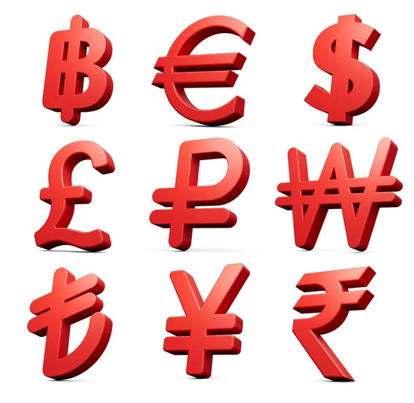 Készlet Kilenc Piros Pénznem Szimbólum Ikonok Elszigetelt Fehér Háttér Illusztráció — Stock Fotó