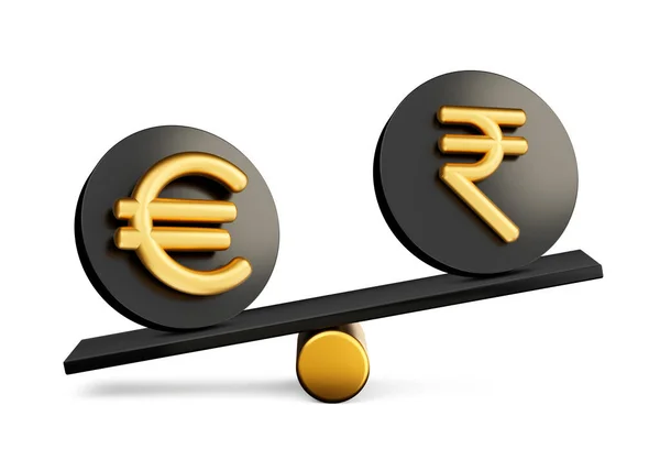 Golden Euro Rupee Symbol Rounded Black Icons Balance Weight Seesaw — 스톡 사진