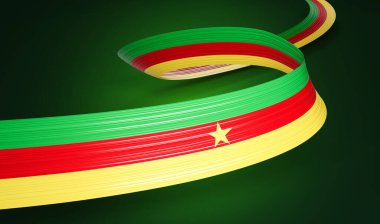 3D Kamerun Bayrağı 3d Dalgalı Parlak Kamerun Kurdelesi Yeşil Arkaplanda İzole Edildi, 3D Görüntü