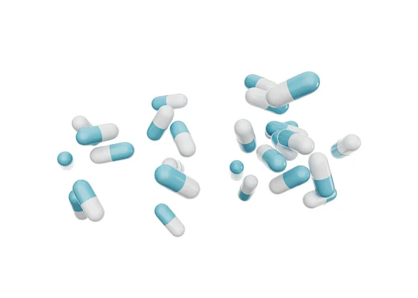 Cápsulas Antibióticas Farmacéuticas Azules Blancas Que Caen Sobre Fondo Blanco —  Fotos de Stock