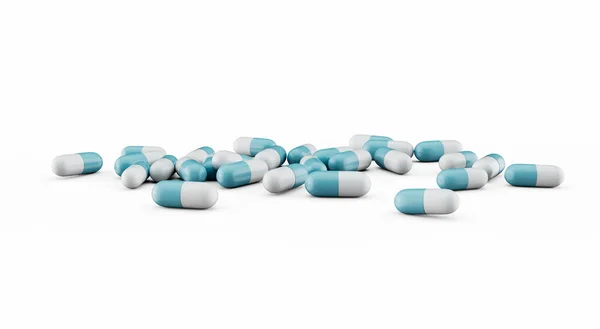 Cápsulas Antibióticas Farmacéuticas Azules Blancas Del Aisladas Fondo Blanco Ilustración — Foto de Stock