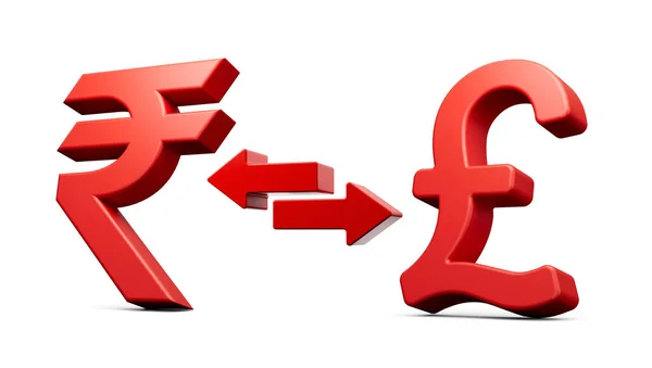 Rote Rupie Und Pfundsymbole Mit Geldwechselpfeilen Auf Weißem Hintergrund Illustration — Stockfoto