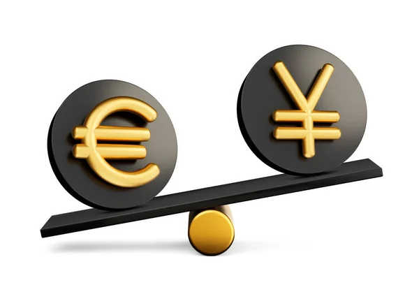 Złoty Euro Jen Symbol Zaokrąglone Czarne Ikony Równowaga Waga Huśtawka — Zdjęcie stockowe