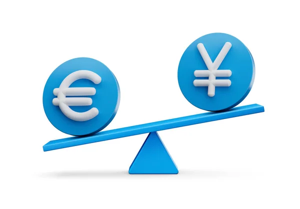 White Euro Yen Symbol Rounded Blue Icons Balance Weight Seesaw — 스톡 사진