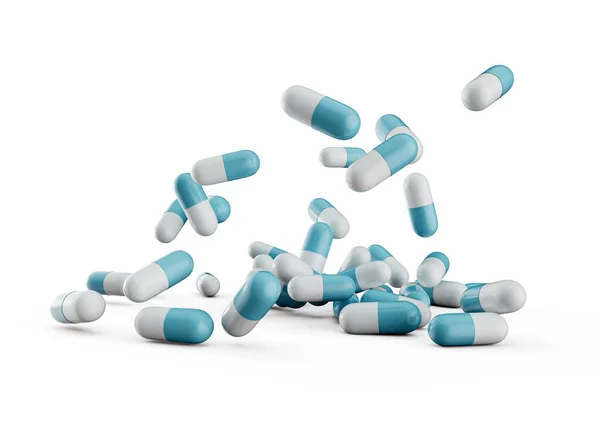 Modré Bílé Farmaceutické Antibiotické Kapsle Padající Bílé Pozadí Ilustrace — Stock fotografie