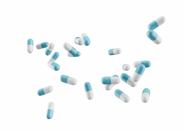 Μπλε Και Άσπρες Φαρμακευτικές Αντιβιοτικές Κάψουλες Διάσπαρτες Στον Αέρα Εικονογράφηση — Φωτογραφία Αρχείου