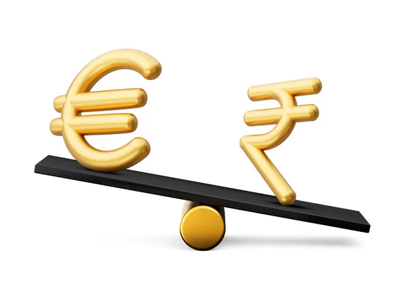 Golden Euro Rupee Symbool Pictogrammen Met Black Balance Weight Seesaw — Stockfoto