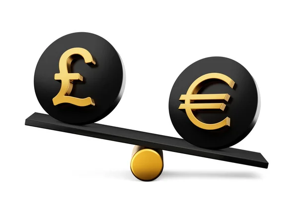 3D金英镑和欧元符号在圆形黑色图标上3D天平重量塞萨沃 3D插图 — 图库照片