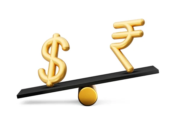 Ícones Dourados Símbolo Dólar Rupia Com Equilíbrio Preto Peso Seesaw — Fotografia de Stock