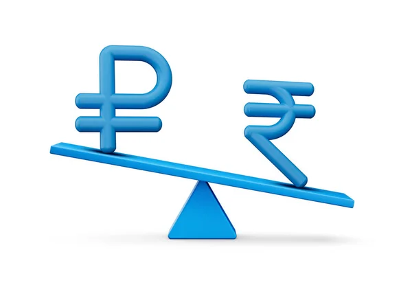 Rublo Azul Ícones Símbolo Rupia Com Equilíbrio Azul Peso Seesaw — Fotografia de Stock