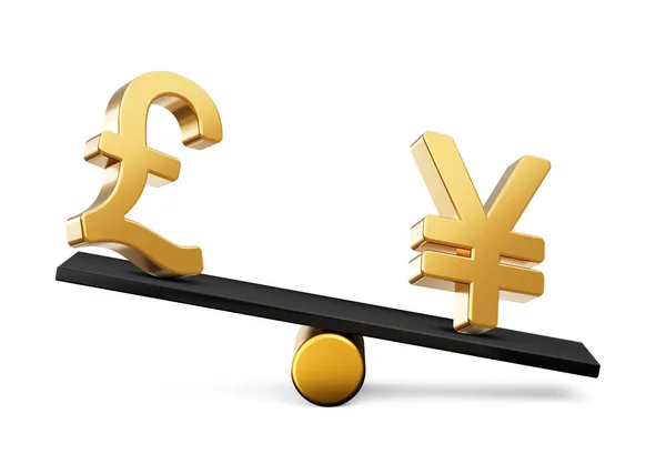 Golden Pound Yen Symbool Pictogrammen Met Black Balance Weight Seesaw — Stockfoto