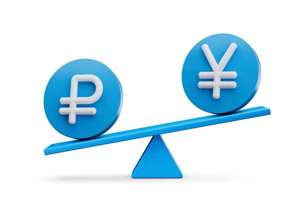 White Ruble Yen Symbol Rounded Blue Icons Balance Weight Seesaw — 스톡 사진