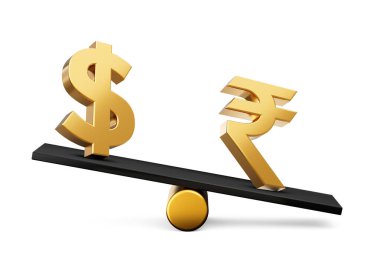 3D Altın Dolar ve Rupee Sembol Simgeleri 3 boyutlu Kara Denge Ağırlığı Tahterevallisi, 3 boyutlu illüstrasyon