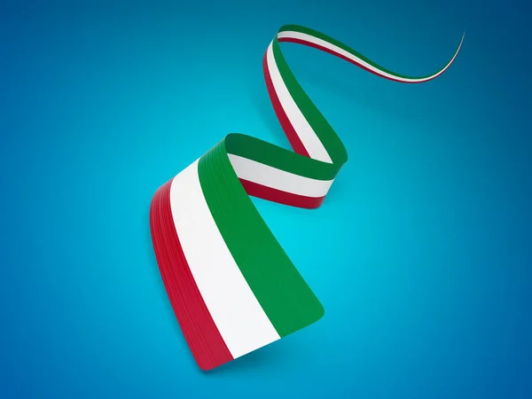 Bandera Italia Cinta Ondulada Brillante Italia Aislada Sobre Fondo Azul — Foto de Stock