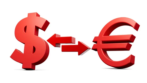 Kırmızı Dolar Avrupa Sembol Simgeleri Para Takas Oklarıyla Beyaz Arkaplan — Stok fotoğraf