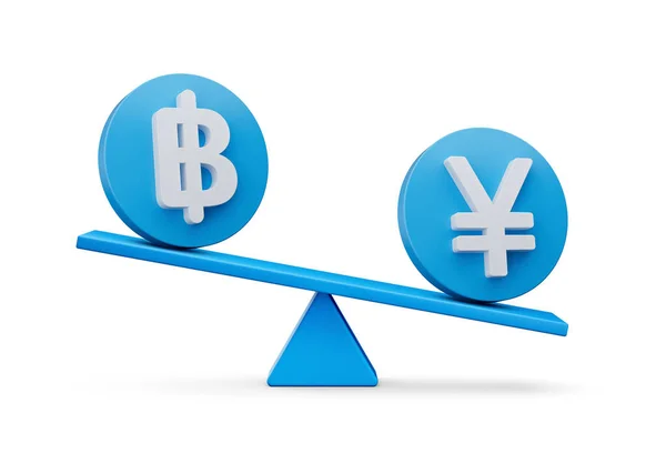 White Baht Yen Symbol Rounded Blue Icons Balance Weight Seesaw — 스톡 사진